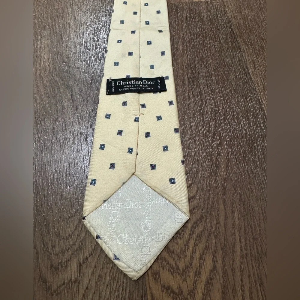 Christian Dior Tie 100% Silk Made in USA Cream Square Pattern